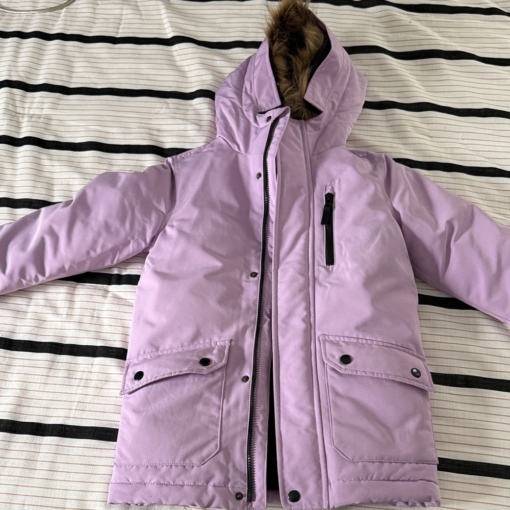 Swiss Tech Lilac Hooded Puffer Jacket with Faux Fur Trim